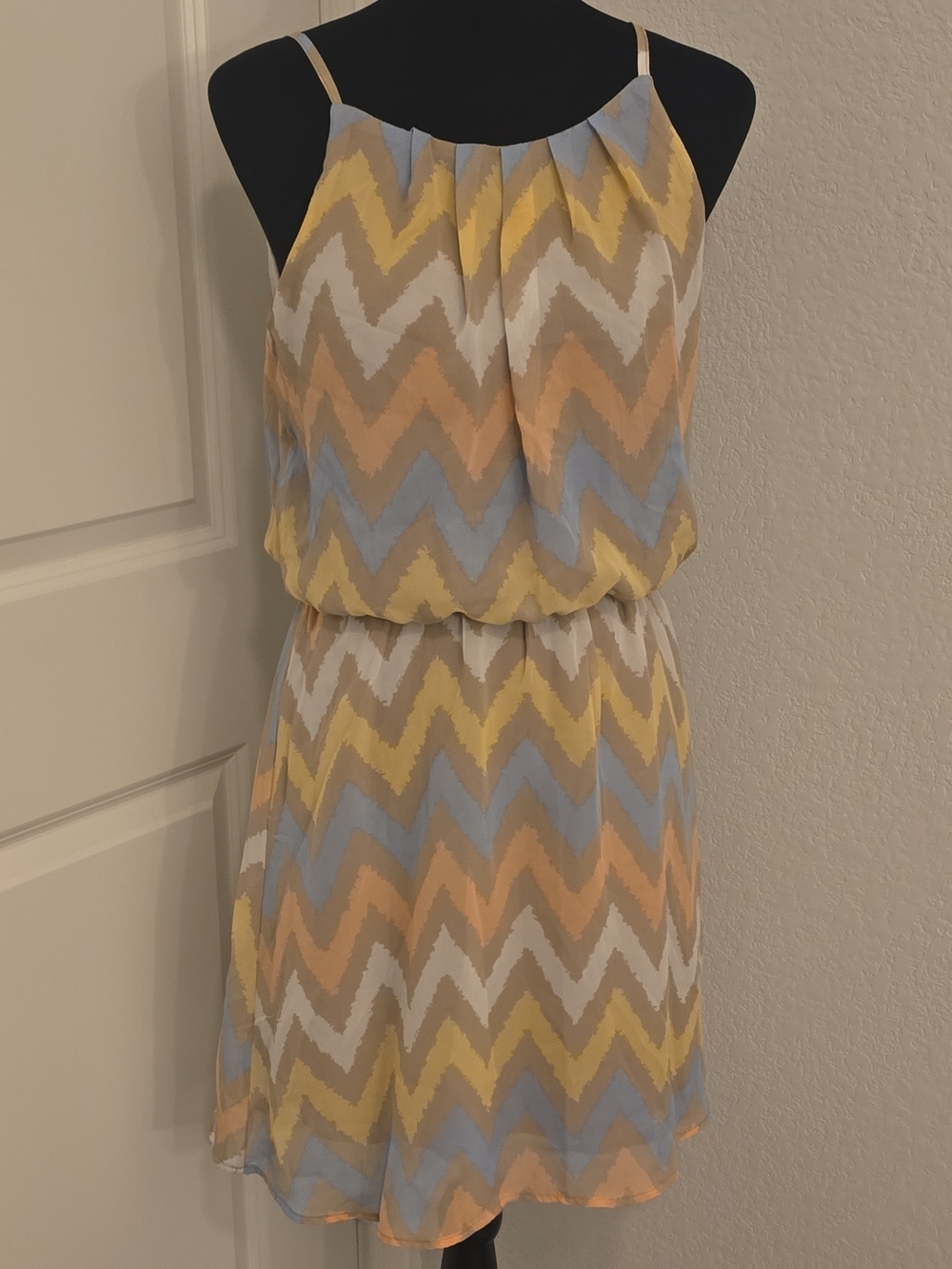 Tacera Chevron Spaghetti-Strap Mini Dress in Yellow, Blue & Cream